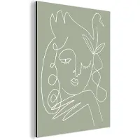 MuchoWow Wanddecoratie Metaal - Aluminium Schilderij Industrieel - Vrouw - Vogel - Haar - Groen - Line art - 120x160 cm - Dibond - Foto op aluminium - Industriële muurdecoratie - Voor de woonkamer/slaapkamer