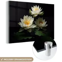 MuchoWow Glasschilderij 180x120 cm - Schilderij acrylglas - Lotus - Bloemen - Wit - Natuur - Zwart - Foto op glas - Schilderijen