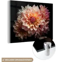 MuchoWow Glasschilderij 160x120 cm - Schilderij acrylglas - Dahlia - Bloemen - Roze - Zwart - Botanisch - Foto op glas - Schilderijen