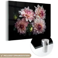 MuchoWow Glasschilderij 180x120 cm - Schilderij acrylglas - Dahlia - Wit - Bloemen - Roze - Natuur - Foto op glas - Schilderijen