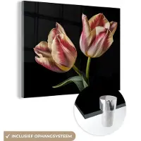 MuchoWow Glasschilderij 80x60 cm - Schilderij acrylglas - Tulpen - Bloemen - Roze - Wit - Natuur - Foto op glas - Schilderijen