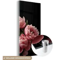 MuchoWow Glasschilderij 80x160 cm - Schilderij acrylglas - Bloemen - Pioenroos - Roze - Botanisch - Natuur - Foto op glas - Schilderijen