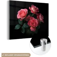 MuchoWow Glasschilderij 160x120 cm - Schilderij acrylglas - Rozen - Roze - Bloemen - Natuur - Zwart - Foto op glas - Schilderijen