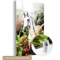 MuchoWow Glasschilderij 120x180 cm - Schilderij acrylglas - Paard - Wit - Bos - Bloemen - Planten - Foto op glas - Muurdecoratie woonkamer - Wanddecoratie slaapkamer - Schilderijen