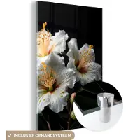 MuchoWow Glasschilderij 100x150 cm - Schilderij acrylglas - Bloemen - Wit - Hibiscus - Natuur - Zwart - Foto op glas - Schilderijen