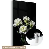 MuchoWow Glasschilderij 120x180 cm - Schilderij acrylglas - Bloemen - Rozen - Wit - Botanisch - Zwart - Foto op glas - Schilderijen
