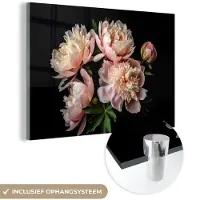 MuchoWow Glasschilderij 180x120 cm - Schilderij acrylglas - Pioenrozen - Bloemen - Natuur - Roze - Wit - Foto op glas - Schilderijen