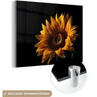 MuchoWow Glasschilderij 160x120 cm - Schilderij acrylglas - Bloemen - Botanisch - Zwart - Zonnebloem - Foto op glas - Schilderijen