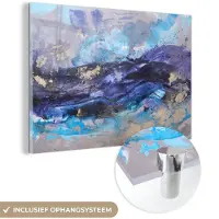 MuchoWow Glasschilderij 30x20 cm - Schilderij acrylglas - Abstract - Grijs - Blauw - Verf - Foto op glas - Schilderijen