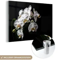 MuchoWow Glasschilderij 180x120 cm - Schilderij acrylglas - Orchidee - Bloemen - Wit - Natuur - Zwart - Foto op glas - Schilderijen
