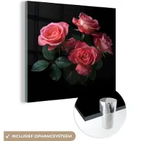 MuchoWow Glasschilderij 20x20 cm - Schilderij acrylglas - Rozen - Roze - Bloemen - Natuur - Zwart - Foto op glas - Schilderijen
