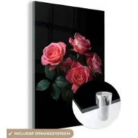 MuchoWow Glasschilderij 120x160 cm - Schilderij acrylglas - Rozen - Roze - Bloemen - Natuur - Zwart - Foto op glas - Schilderijen