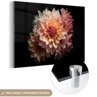 MuchoWow Glasschilderij 150x100 cm - Schilderij acrylglas - Dahlia - Bloemen - Roze - Zwart - Botanisch - Foto op glas - Schilderijen