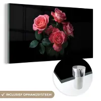 MuchoWow Glasschilderij 160x80 cm - Schilderij acrylglas - Rozen - Roze - Bloemen - Natuur - Zwart - Foto op glas - Schilderijen