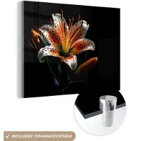 MuchoWow Glasschilderij 160x120 cm - Schilderij acrylglas - Bloemen - Lelie - Oranje - Portret - Zwart - Foto op glas - Schilderijen
