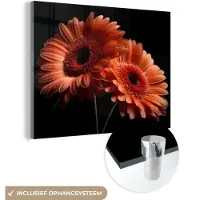 MuchoWow Glasschilderij 160x120 cm - Schilderij acrylglas - Bloemen - Botanisch - Gerbera - Oranje - Zwart - Foto op glas - Schilderijen