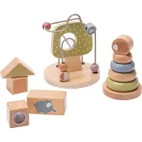 Howa little  Motorisch activiteitenspeelgoed Motorische activiteitenlus Stapeltoren Bouwstenen woods van hout 3 stuks.