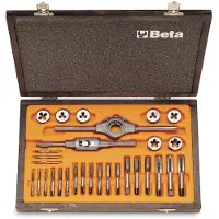 Beta Assortiment van verchroomde tappen en snijplaten, metrische draad, met toebehoren in houten kist 446/C30 - 004460055