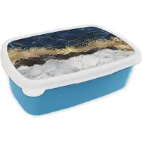 MuchoWow Broodtrommel Blauw - Lunchbox - Brooddoos - Marmer - Wit - Goud - Luxe - 18x12x6 cm - Kinderen - Jongen