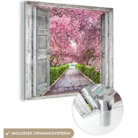 MuchoWow Glasschilderij 90x90 cm - Schilderij acrylglas - Sakura - Doorkijk - Boom - Kersenbloesem - Foto op glas - Muurdecoratie woonkamer - Wanddecoratie slaapkamer - Schilderijen