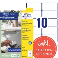 Avery Zweckform AVERY Universele etiketten afneembaar L4744REV-10 A4 Wit 9,6 x 32,7 x 5,08 cm 10 Vellen à 10 Etiketten