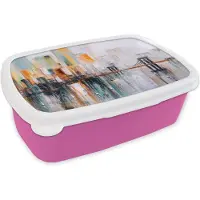 MuchoWow Broodtrommel Roze - Lunchbox - Brooddoos - Olieverf - Schilderij - Skyline - Abstract - 18x12x6 cm - Kinderen - Meisje