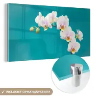MuchoWow Glasschilderij 120x60 cm - Schilderij acrylglas - Orchidee - Bloemen - Plant - Wit - Paars - Foto op glas - Muurdecoratie woonkamer - Wanddecoratie slaapkamer - Schilderijen