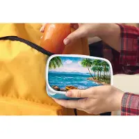 MuchoWow Broodtrommel Blauw - Lunchbox - Brooddoos - Schilderij - Olieverf - Strand - Palmboom - Boot - 18x12x6 cm - Kinderen - Jongen