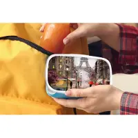 MuchoWow Broodtrommel Blauw - Lunchbox - Brooddoos - Schilderij - Parijs - Eiffeltoren - Paraplu - Olieverf - 18x12x6 cm - Kinderen - Jongen