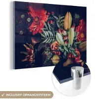 MuchoWow Glasschilderij 30x20 cm - Schilderij acrylglas - Boeket - Stilleven - Bloemen - Planten - Rood - Foto op glas - Muurdecoratie woonkamer - Wanddecoratie slaapkamer - Schilderijen