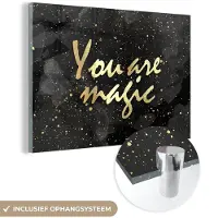 MuchoWow Glasschilderij 60x40 cm - Schilderij acrylglas - Quotes - Magic - Goud - Zwart - Foto op glas - Schilderijen