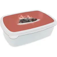 MuchoWow Broodtrommel Wit - Lunchbox - Brooddoos - Auto - Roze - Vintage - Vlammen - 18x12x6 cm - Volwassenen