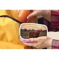 MuchoWow Broodtrommel Roze - Lunchbox - Brooddoos - Schotse hooglander - Dieren - Landschap - Zonsondergang - Koe - 18x12x6 cm - Kinderen - Meisje