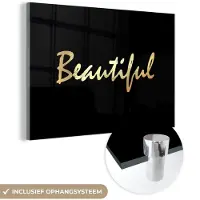 MuchoWow Glasschilderij 180x120 cm - Schilderij acrylglas - Quote - Beauty - Zwart - Goud - Foto op glas - Schilderijen
