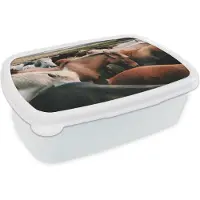 MuchoWow Broodtrommel Wit - Lunchbox - Brooddoos - Paarden - Dieren - Wild - 18x12x6 cm - Volwassenen