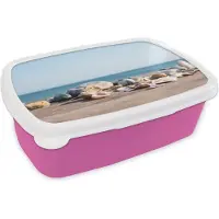 MuchoWow Broodtrommel Roze - Lunchbox - Brooddoos - Schelpen - Strand - Zee - Zomer - Zon - 18x12x6 cm - Kinderen - Meisje