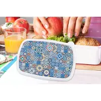 MuchoWow Broodtrommel Wit - Lunchbox - Brooddoos - Patronen - Bloemen - Blauw - Vormen - 18x12x6 cm - Volwassenen
