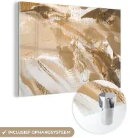 MuchoWow Glasschilderij 180x120 cm - Schilderij acrylglas - Goud - Beige - Abstract - Foto op glas - Schilderijen