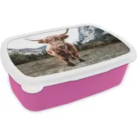 MuchoWow Broodtrommel Roze - Lunchbox - Brooddoos - Schotse Hooglander - Berg - Dieren - 18x12x6 cm - Kinderen - Meisje
