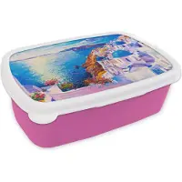 MuchoWow Broodtrommel Roze - Lunchbox - Brooddoos - Schilderij - Griekenland - Water - Olieverf - 18x12x6 cm - Kinderen - Meisje