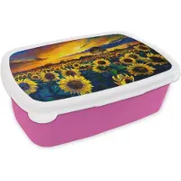 MuchoWow Broodtrommel Roze - Lunchbox - Brooddoos - Schilderij - Bloemen - Olieverf - Zonnebloem - 18x12x6 cm - Kinderen - Meisje