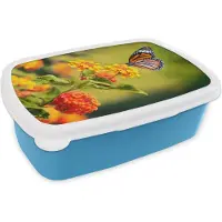 MuchoWow Broodtrommel Blauw - Lunchbox - Brooddoos - Vlinder - Insecten - Bloemen - Geel - 18x12x6 cm - Kinderen - Jongen