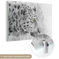 MuchoWow Glasschilderij 120x80 cm - Schilderij acrylglas - Luipaard - Zwart - Wit - Profiel - Foto op glas - Schilderijen