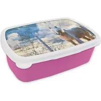 MuchoWow Broodtrommel Roze - Lunchbox - Brooddoos - Paard - Winter - Sneeuw - 18x12x6 cm - Kinderen - Meisje