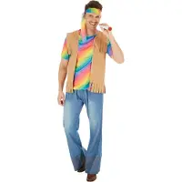 TecTake Dressforfun - Herenkostuum Hippie Peace - Meerdelig Kostuum met T-shirt, Broek met Olifantenpijpen, Vest met Franjes en Haarband – Maat L