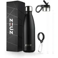 ZEUZ Premium RVS Thermosfles & Drinkfles - Isoleerfles – Waterfles met Rietje - BPA Vrij – 500 ml - Mat Zwart