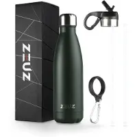 ZEUZ Premium RVS Thermosfles & Drinkfles - Isoleerfles – Waterfles met Rietje - BPA Vrij – 500 ml - Mat Groen