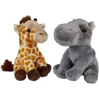 Ravensden Safari dieren serie pluche knuffels 2x stuks - Nijlpaard en Giraffe van 15 cm - Knuffeldier