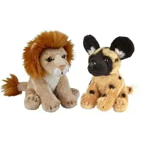Ravensden Safari dieren serie pluche knuffels 2x stuks - Wilde Hond en Leeuw van 15 cm - Knuffeldier