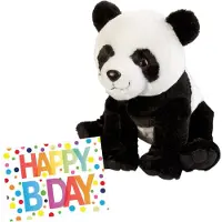 Nature Planet Pluche knuffel panda beer 30 cm met A5-size Happy Birthday wenskaart - Verjaardag cadeau setje